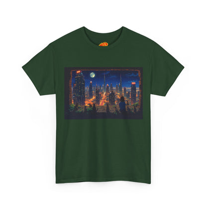Neon Anime Cityscape Full Moon w/Girl & Cats T-Shirt