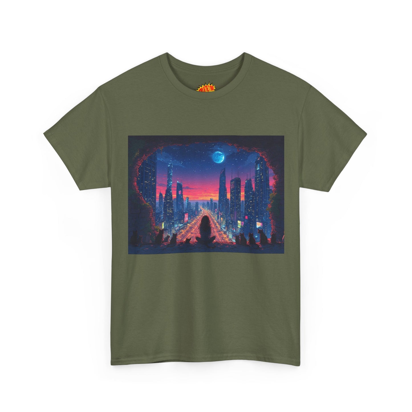 Anime Neon Cityscape Full Moon w/Girl & Cats T-Shirt *Multiple Colors*