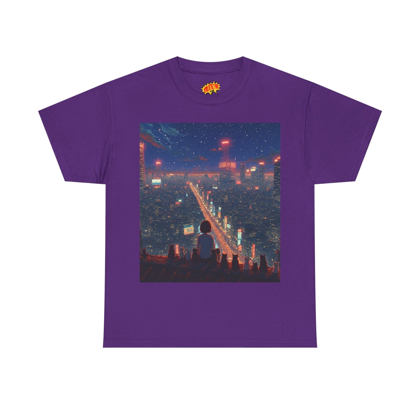 Nighttime Neon Anime City Scene w/Girl & Cats T-Shirt *Multiple Colors*