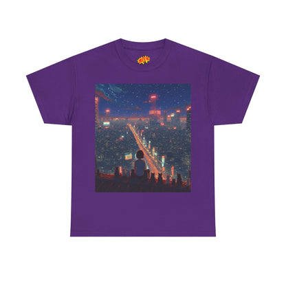 Nighttime Neon Anime City Scene w/Girl & Cats T-Shirt