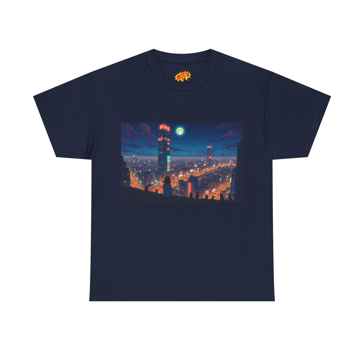 Neon Anime Style City Scene w/Girl & Cats T-Shirt *Multiple Colors*