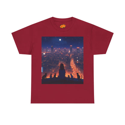 Neon City Anime Nighttime Scene w/Girl & Cats T-Shirt