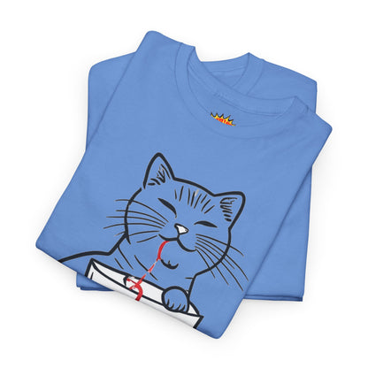 Cat w/Noodle Cup + Yarn Ball Art Drawing Tee Shirt