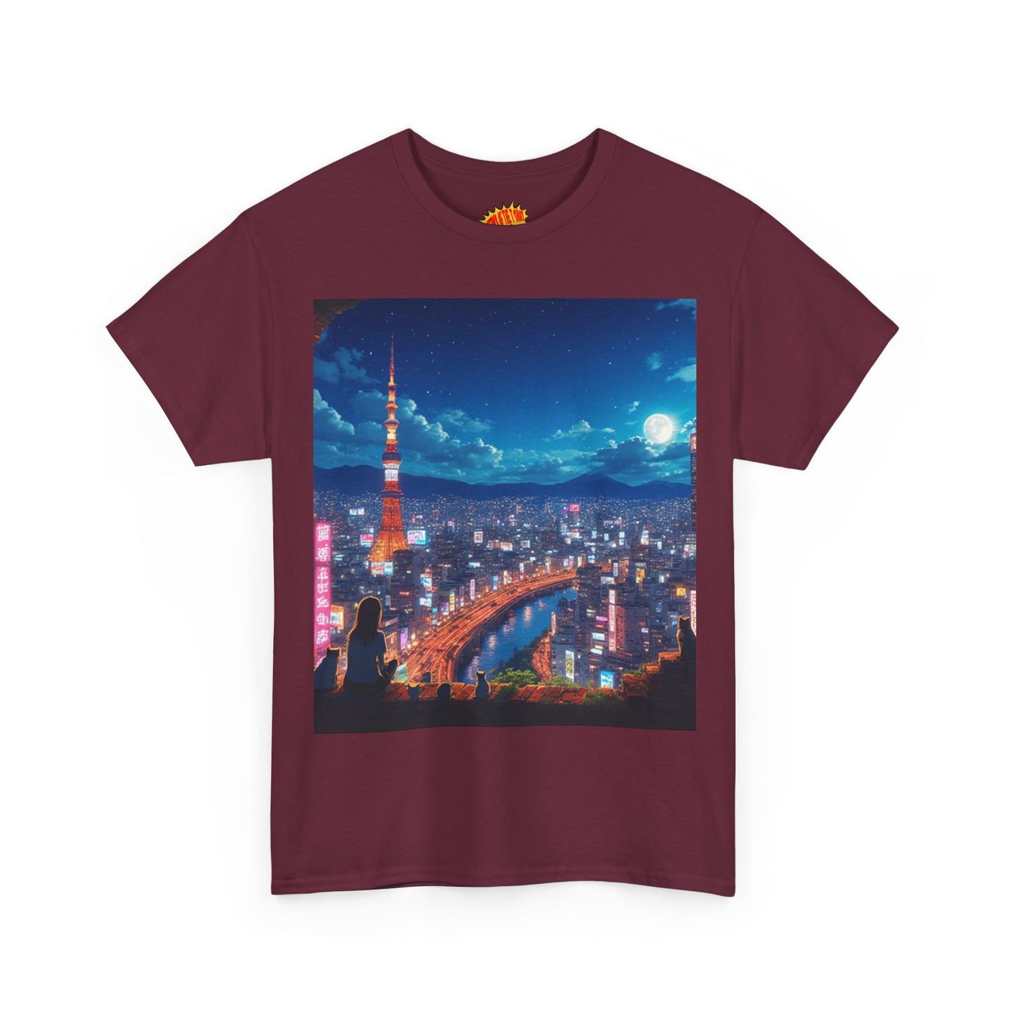 Neon Cityscape Nighttime Anime Scene w/Girl & Cats T-Shirt *Multiple Colors*