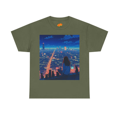 Anime Cityscape Night Sky Scene w/Girl & Cats T-Shirt