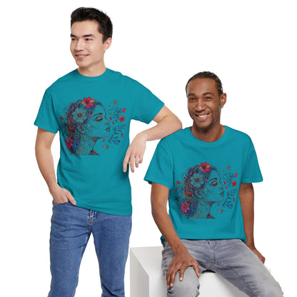 Multicolor Line Drawing Human Graphic Flower Art Tee Shirt