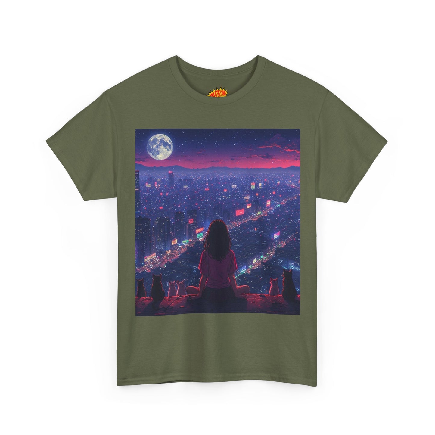 Anime City Neon Night Scene w/Girl & Cats T-Shirt *Multiple Colors*