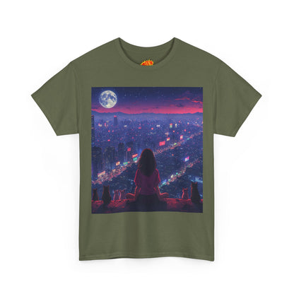 Anime City Neon Night Scene w/Girl & Cats T-Shirt