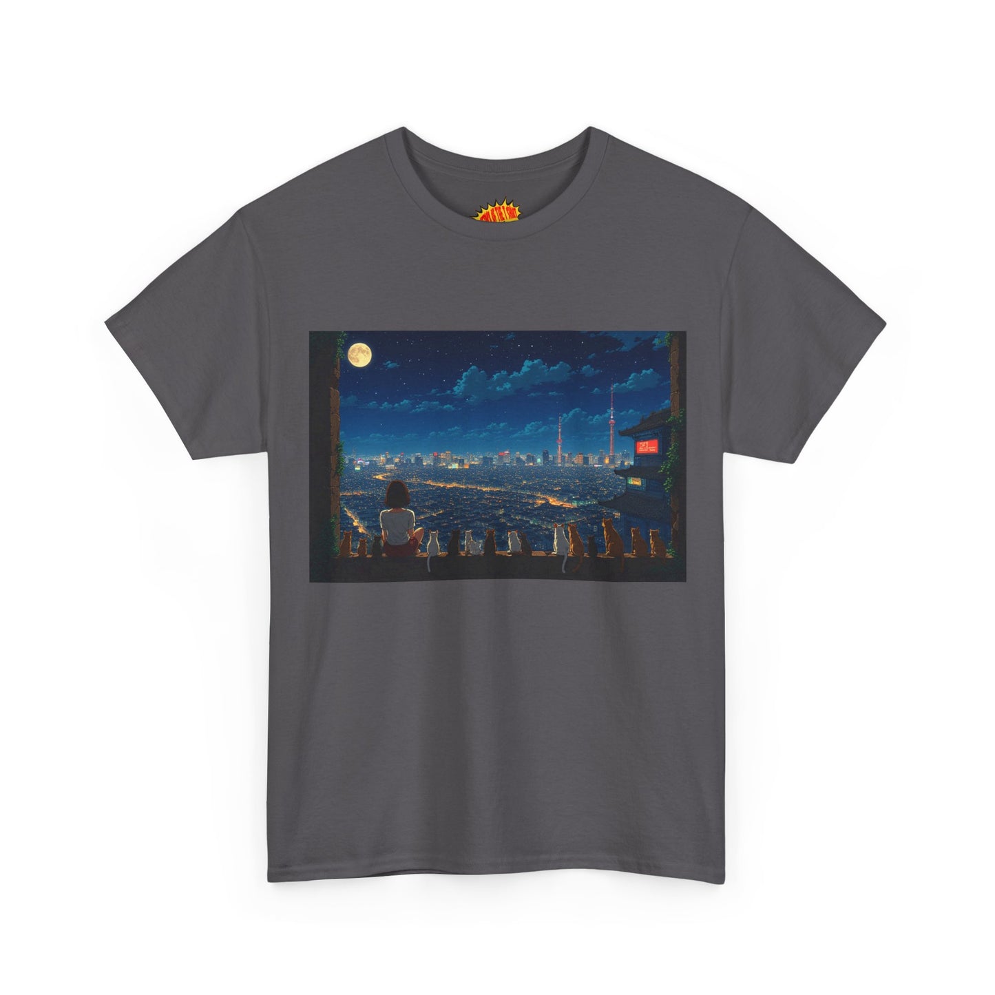 Anime City Night Sky Scene w/Girl & Cats T-Shirt *Multiple Colors*