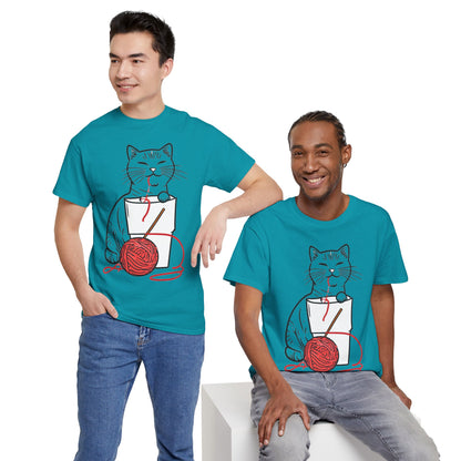 Cat w/Noodle Cup + Yarn Ball Art Drawing Tee Shirt