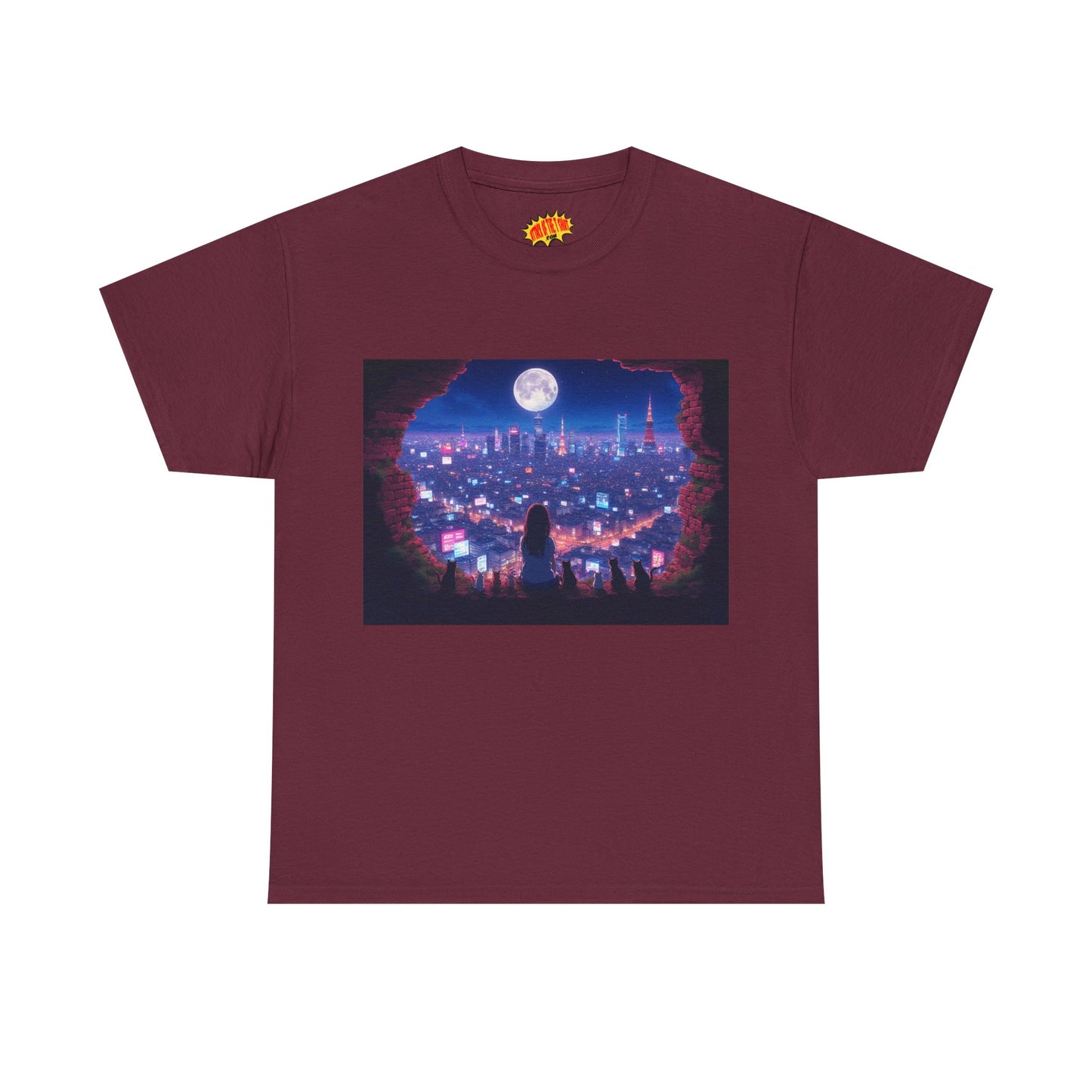 Neon Anime City Night Scene w/Girl & Cats T-Shirt *Multiple Colors*