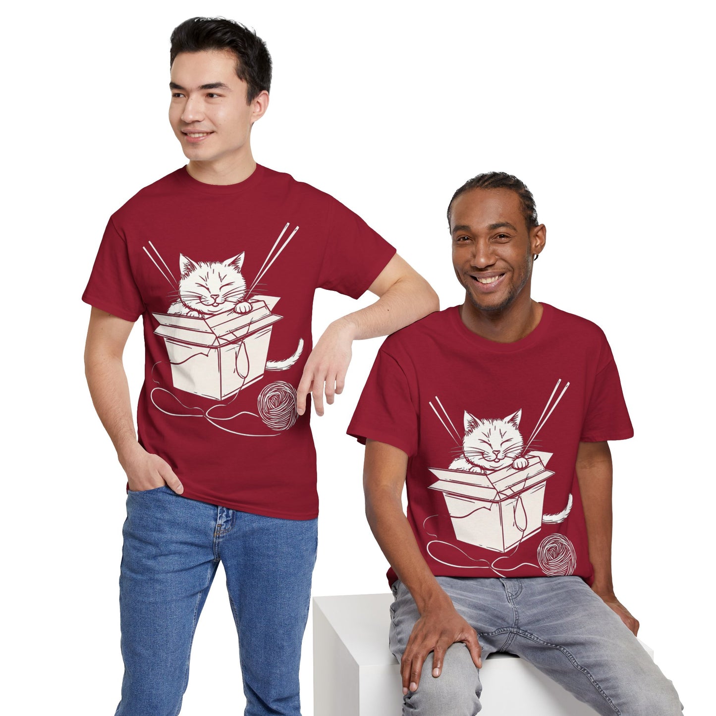 Cat w/Box + Yarn Ball Art Drawing Tee Shirt *Multiple Colors*