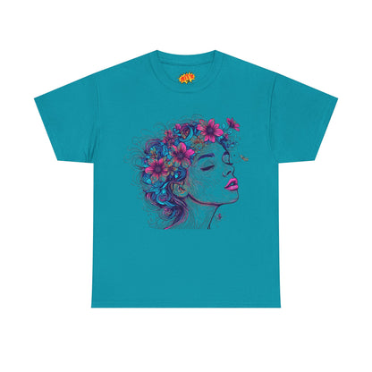 Multicolor Line Drawing Human Flower Graphic Art Tee Shirt