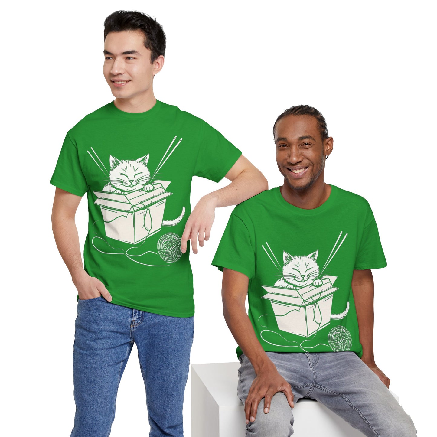 Cat w/Box + Yarn Ball Art Drawing Tee Shirt *Multiple Colors*