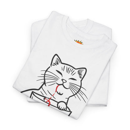 Cat w/Noodle Cup + Yarn Ball Art Drawing Tee Shirt