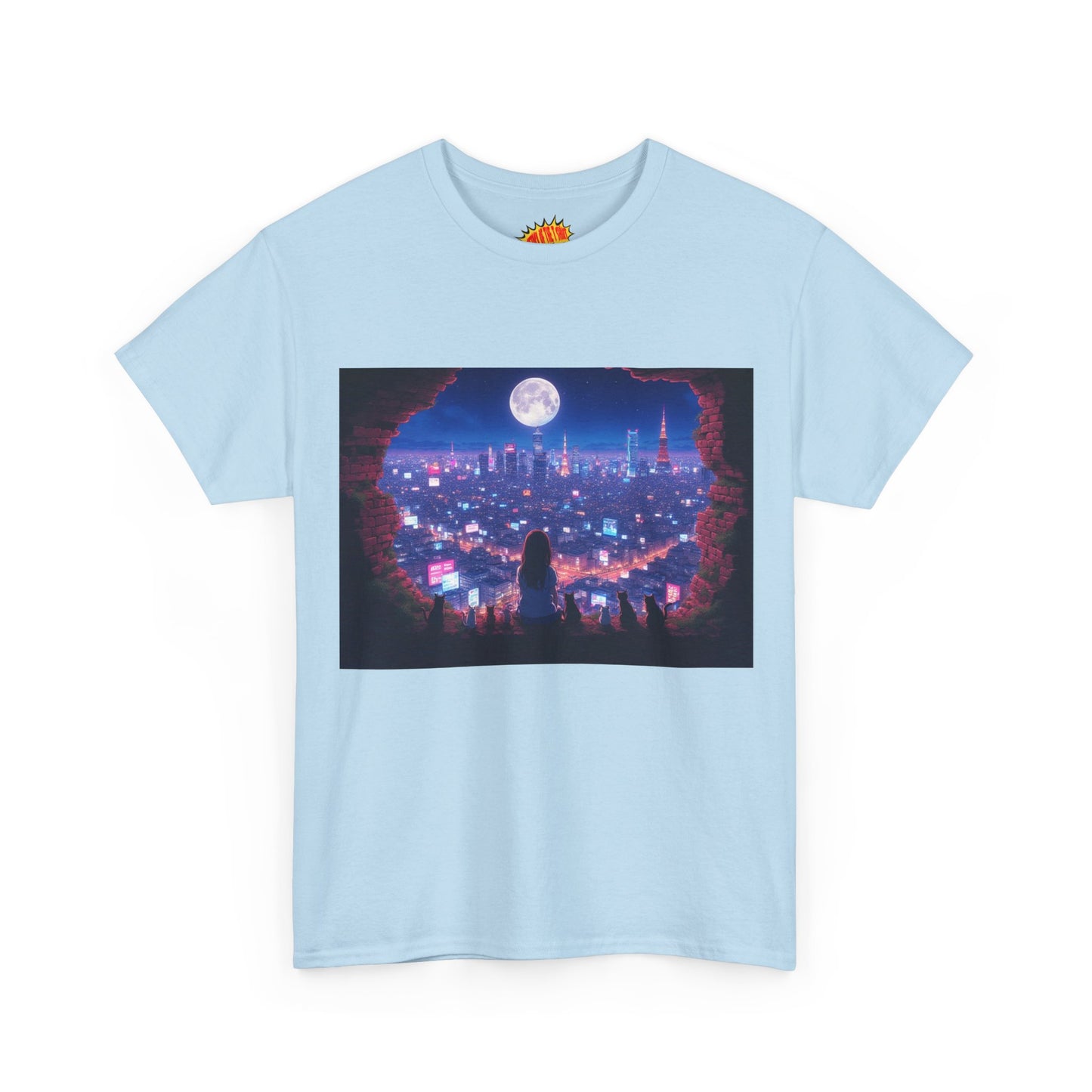 Neon Anime City Night Scene w/Girl & Cats T-Shirt *Multiple Colors*