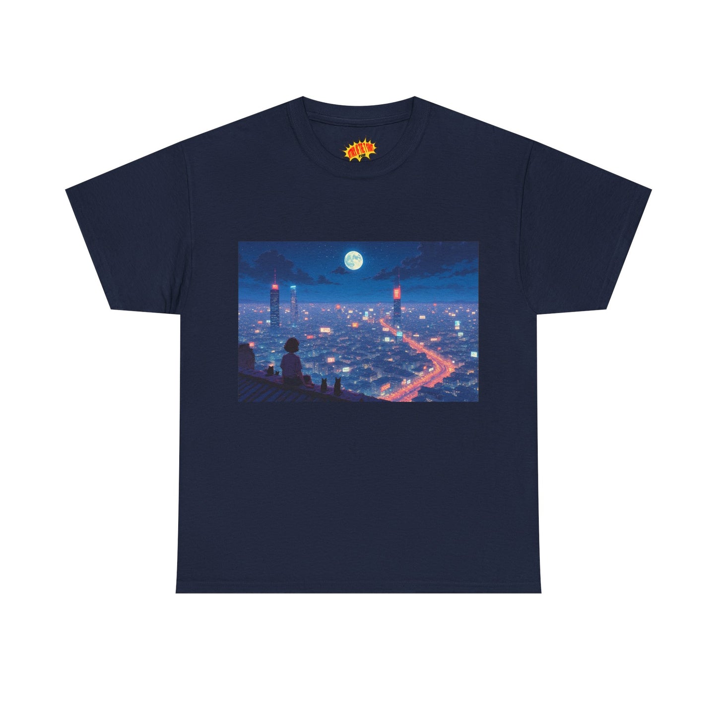 Anime Neon City Full Moon Scene w/Girl & Cats T-Shirt *Multiple Colors*