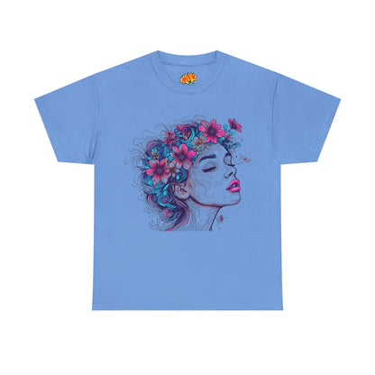 Multicolor Line Drawing Human Flower Graphic Art Tee Shirt