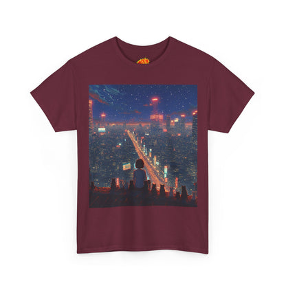 Nighttime Neon Anime City Scene w/Girl & Cats T-Shirt