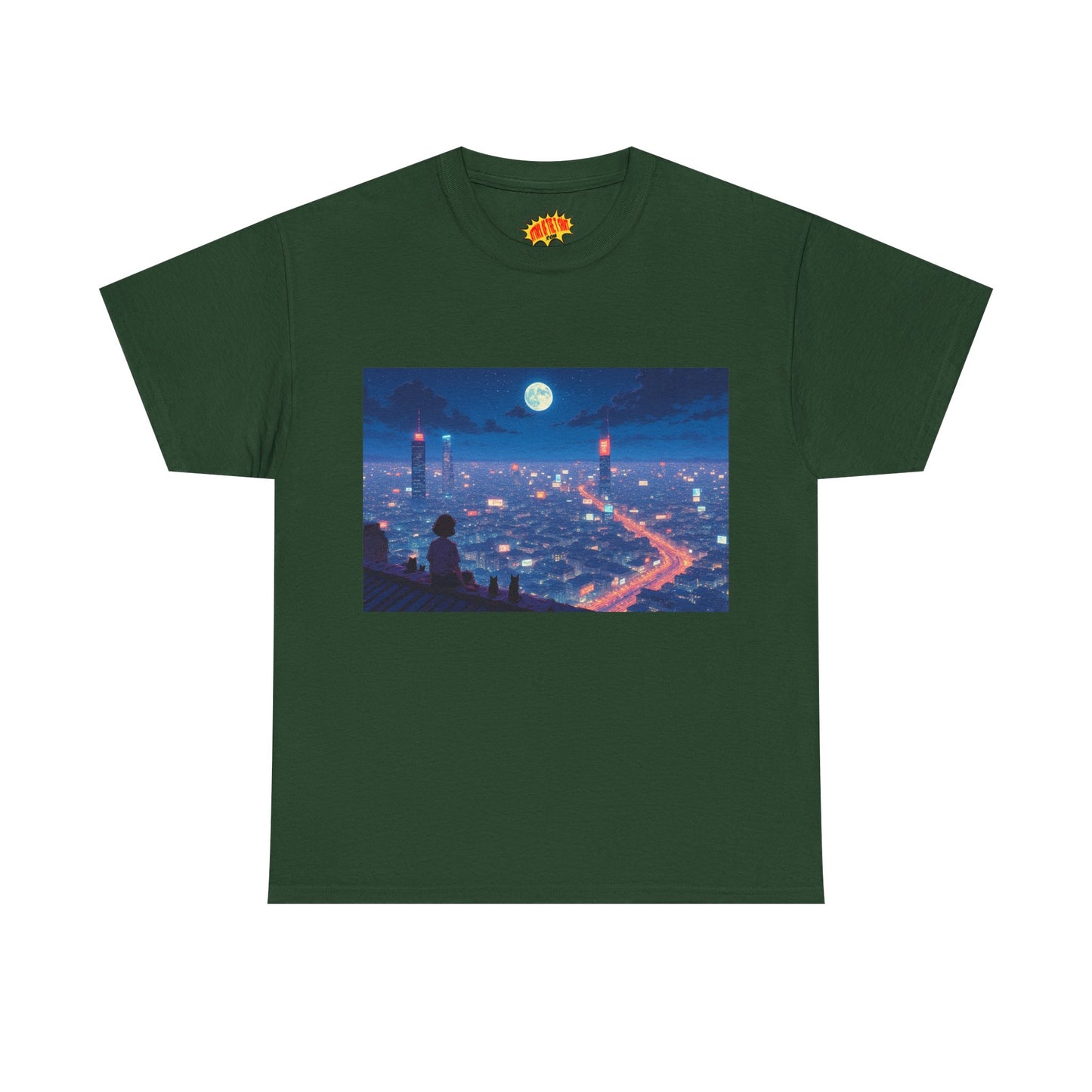 Anime Neon City Full Moon Scene w/Girl & Cats T-Shirt *Multiple Colors*