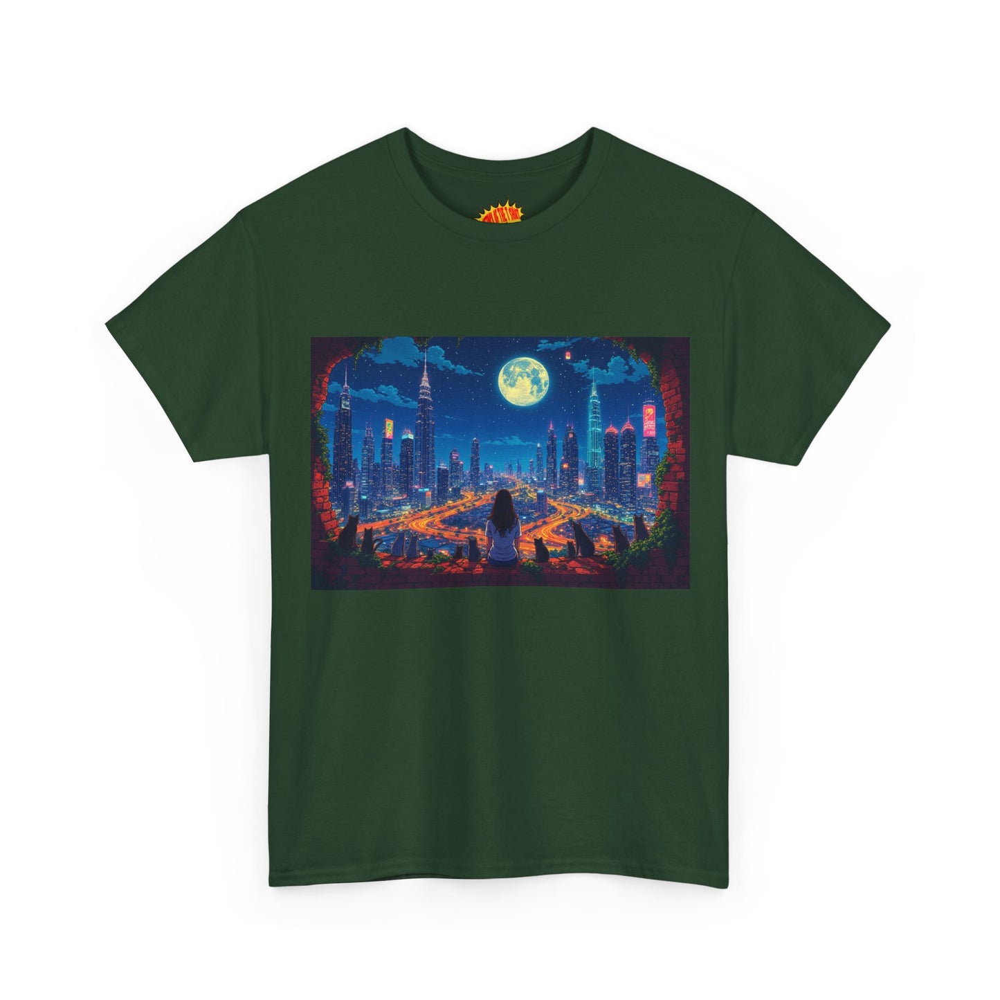 Anime City Night Scene w/Girl & Cats T-Shirt *Multiple Colors*