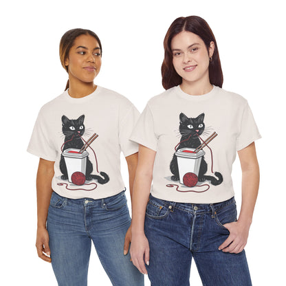Black Cat w/Noodles + Yarn Ball Art Drawing Tee Shirt