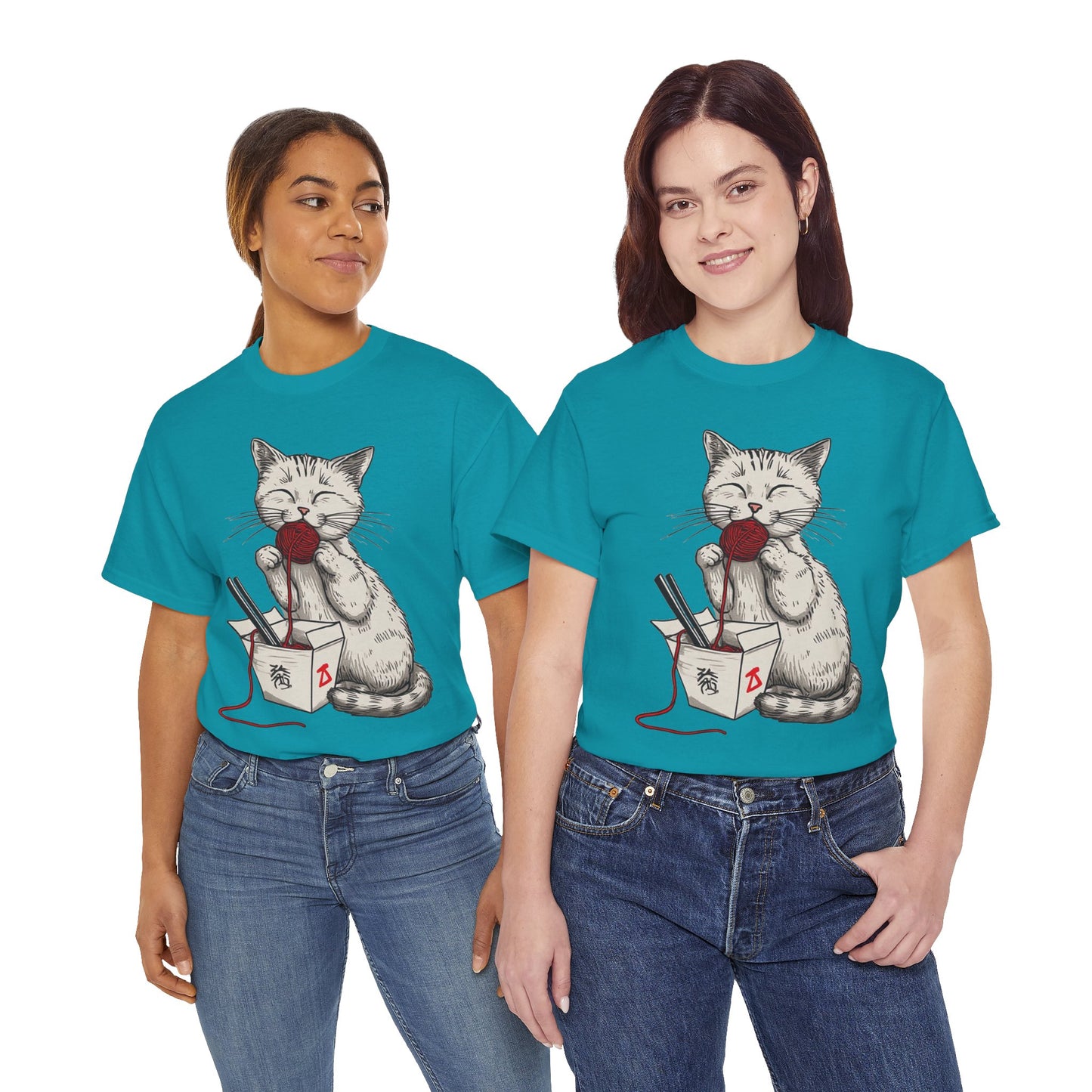 Cat w/Takeout Yarn Noodles Art Tee Shirt *Multiple Colors*