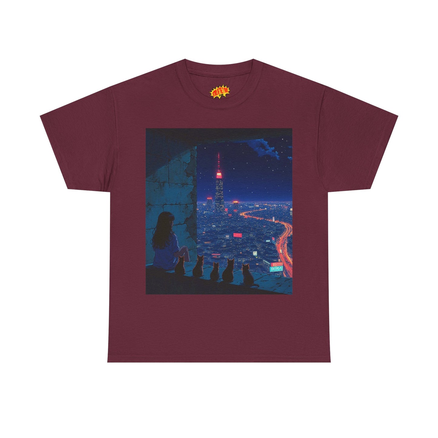 Anime Cityscape Night Scene w/Girl & Cats T-Shirt *Multiple Colors*