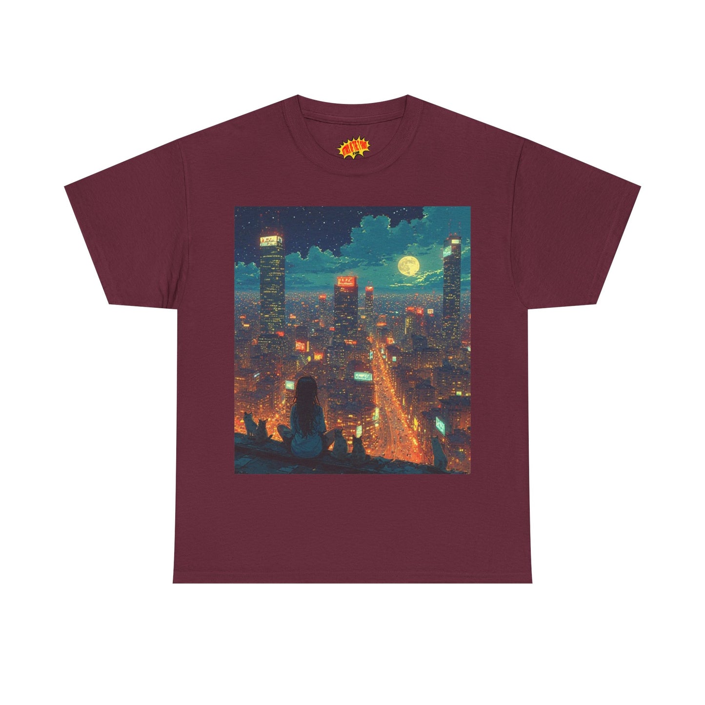 Nighttime Neon Anime Cityscape w/Girl & Cats T-Shirt *Multiple Colors*