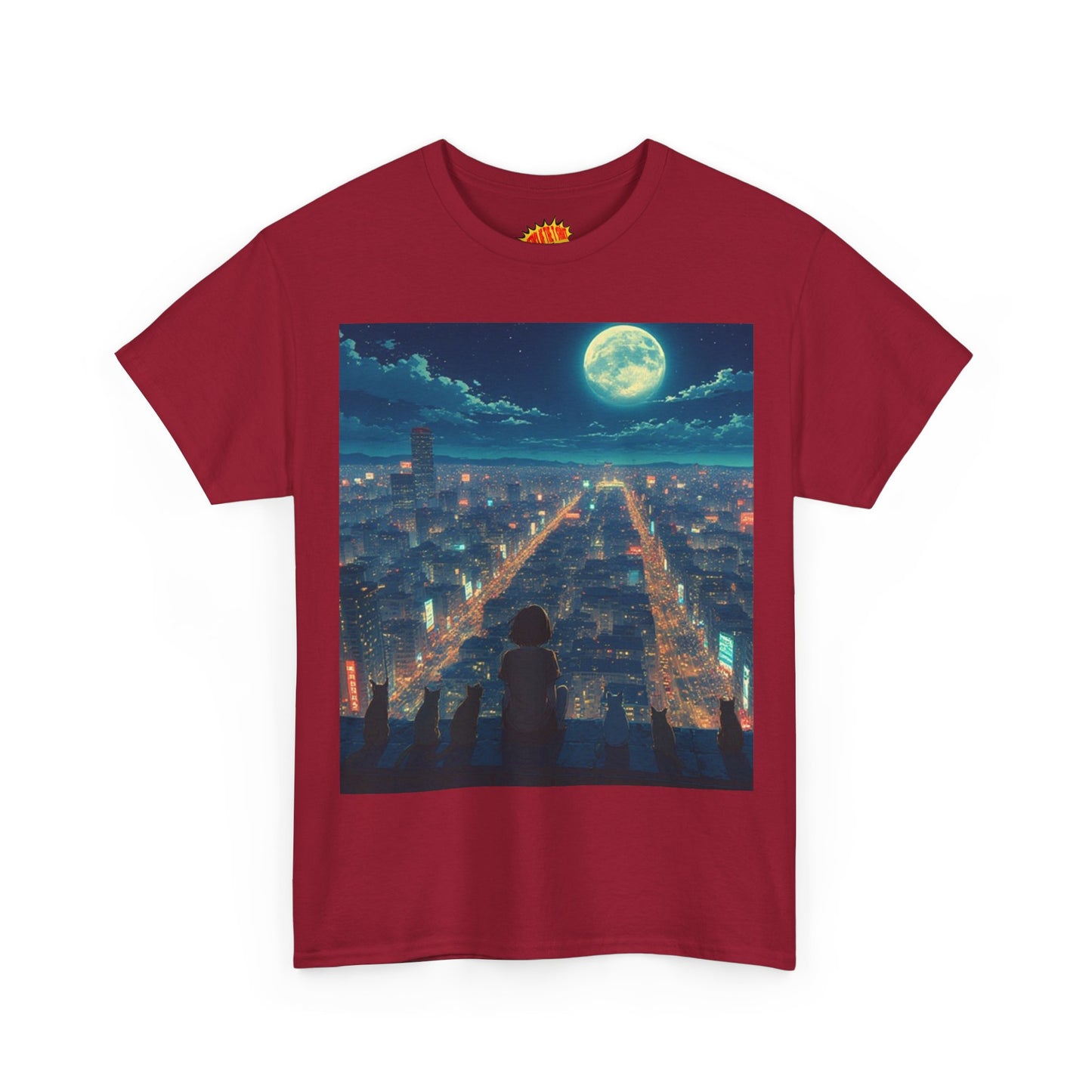 Anime City Full Moon Scene w/Girl & Cats T-Shirt *Multiple Colors*