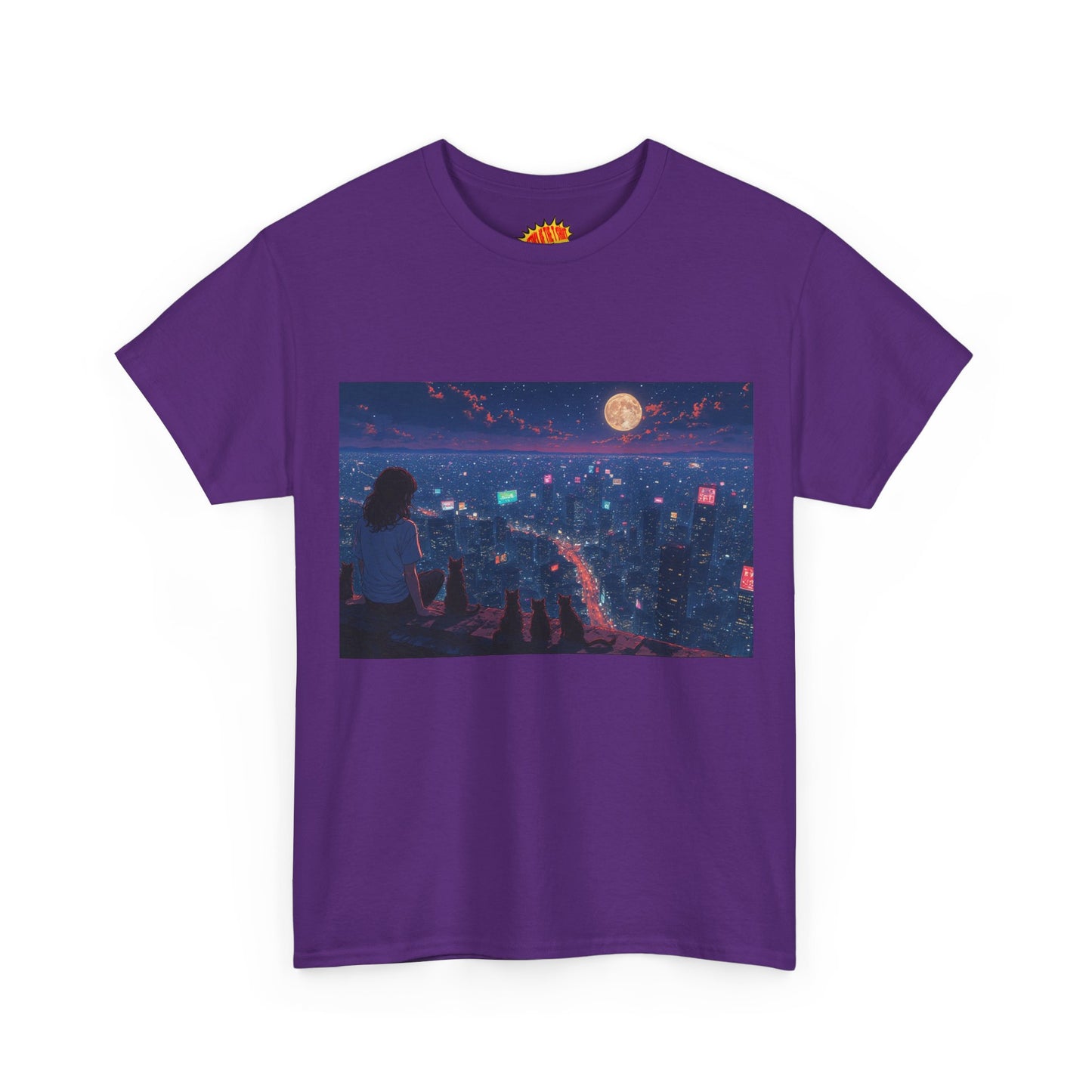 Anime Nighttime Cityscape w/Girl & Cats T-Shirt *Multiple Colors*