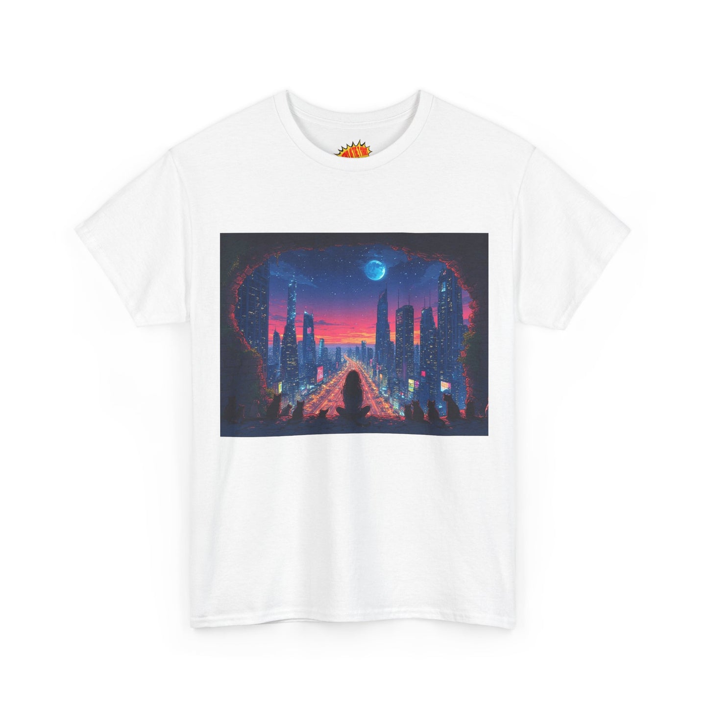 Anime Neon Cityscape Full Moon w/Girl & Cats T-Shirt *Multiple Colors*