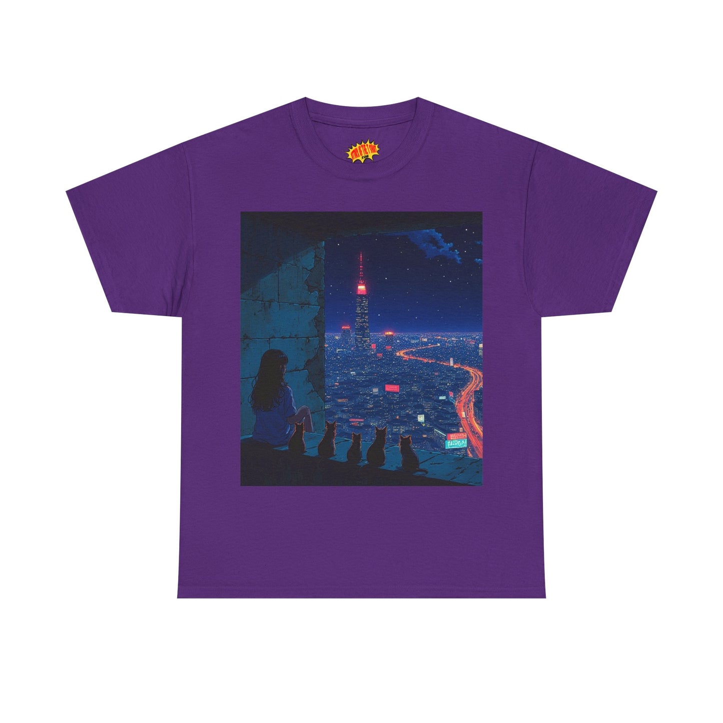 Anime Cityscape Night Scene w/Girl & Cats T-Shirt *Multiple Colors*