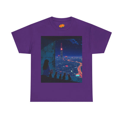 Anime Cityscape Night Scene w/Girl & Cats T-Shirt