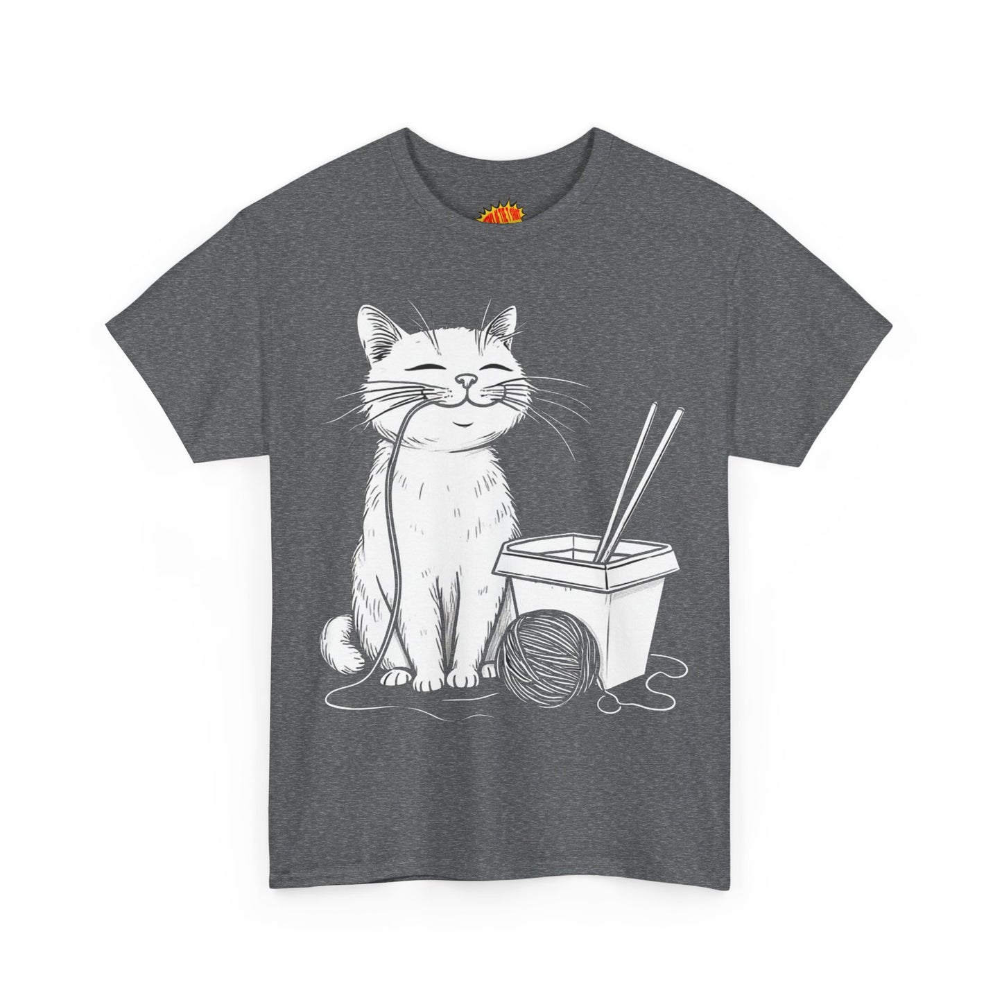 Happy Cat w/Noodles + Yarn Ball Art Drawing Tee Shirt *Multiple Colors*