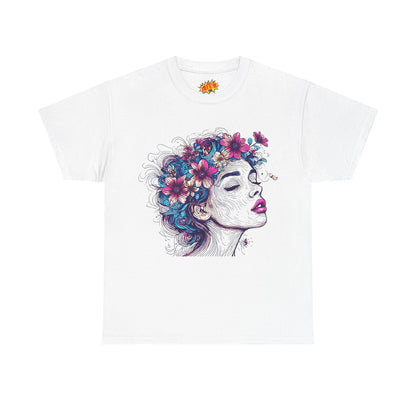 Multicolor Line Drawing Human Flower Graphic Art Tee Shirt