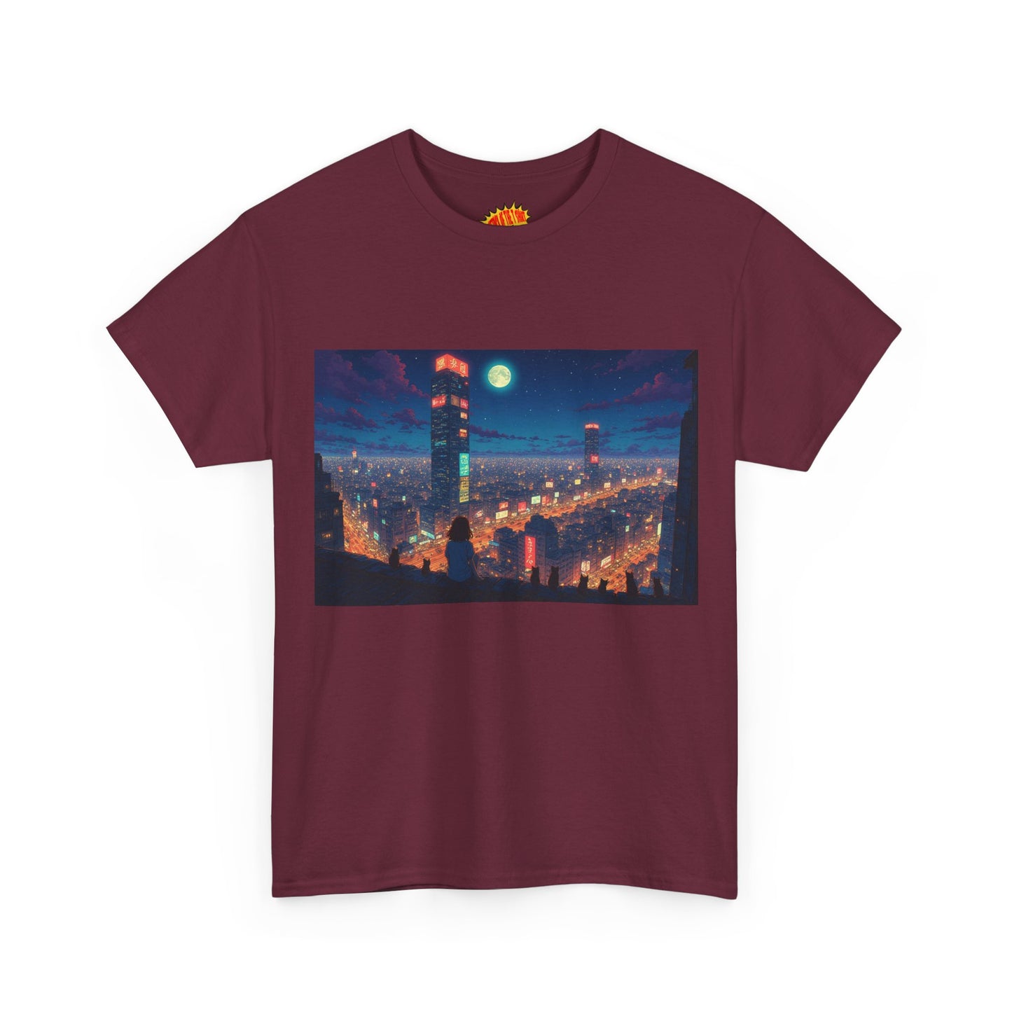 Neon Anime Style City Scene w/Girl & Cats T-Shirt *Multiple Colors*