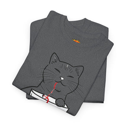Cat w/Noodle Cup + Yarn Ball Art Drawing Tee Shirt