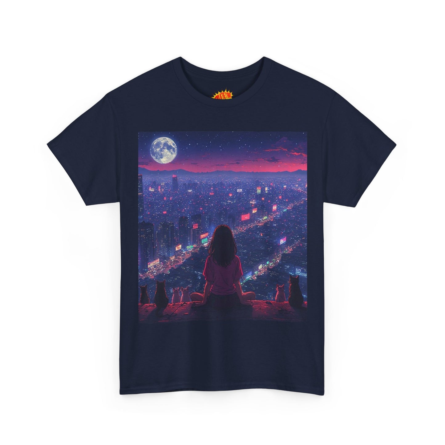 Anime City Neon Night Scene w/Girl & Cats T-Shirt *Multiple Colors*