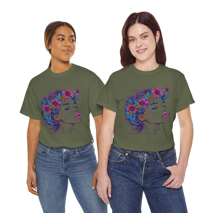 Multicolor Line Drawing Human Flower Graphic Art Tee Shirt