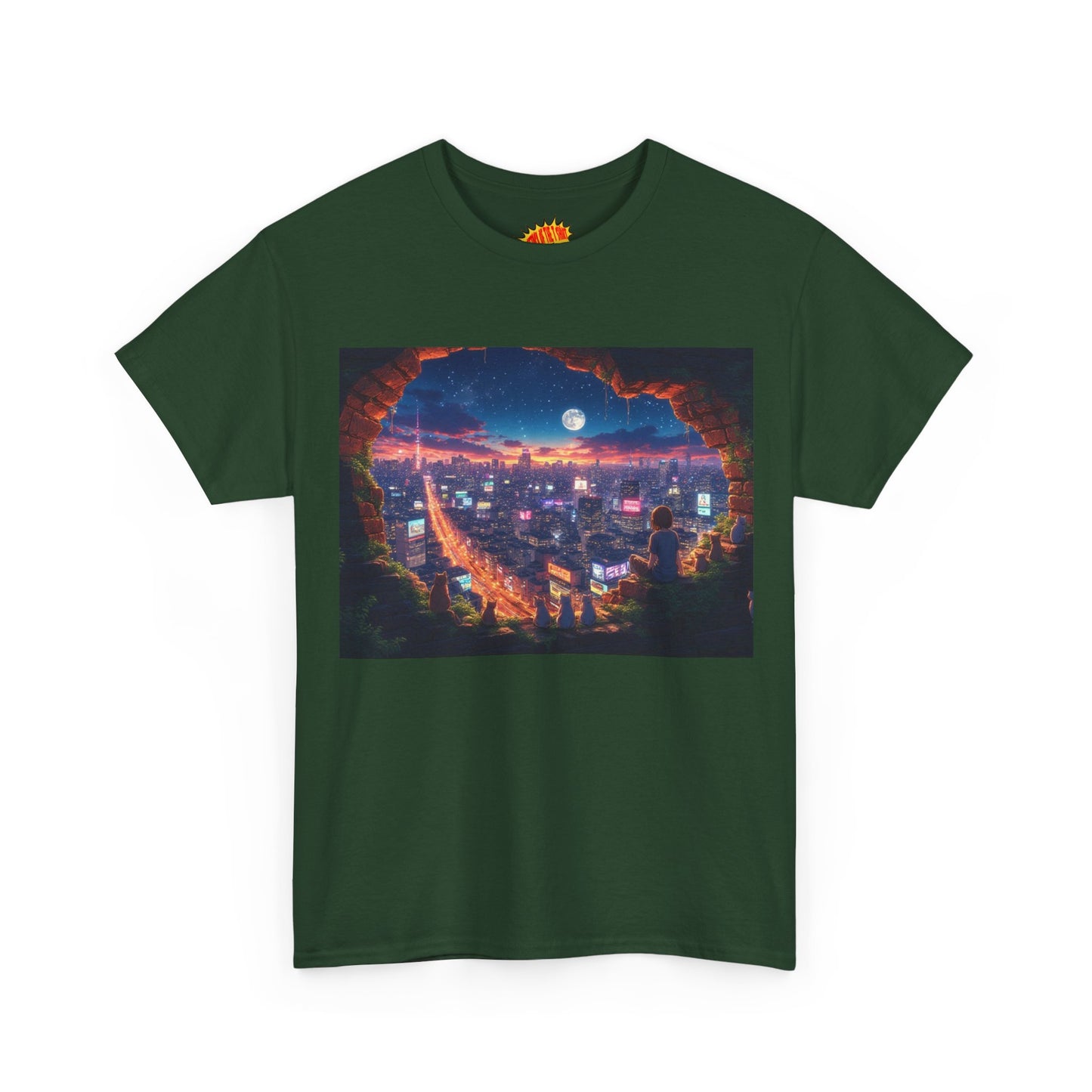 Anime Neon City Nighttime Scene w/Girl & Cats T-Shirt *Multiple Colors*
