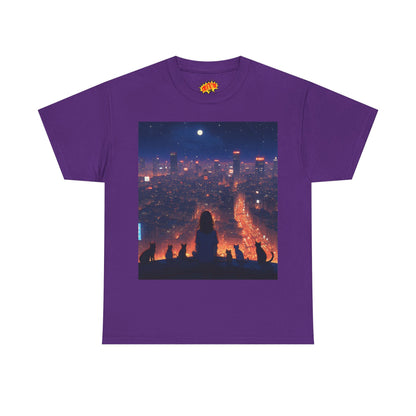 Neon City Anime Nighttime Scene w/Girl & Cats T-Shirt