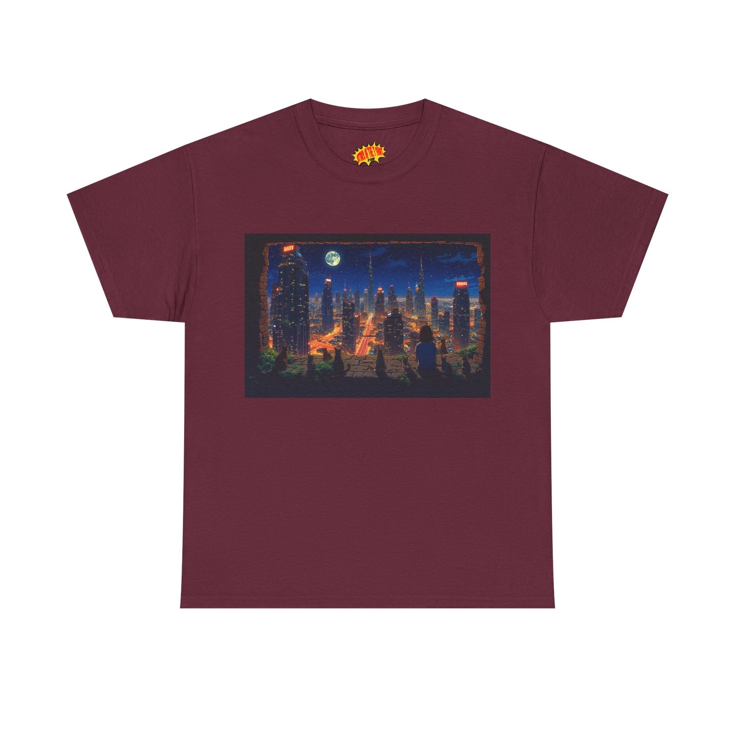 Neon Anime Cityscape Full Moon w/Girl & Cats T-Shirt *Multiple Colors*