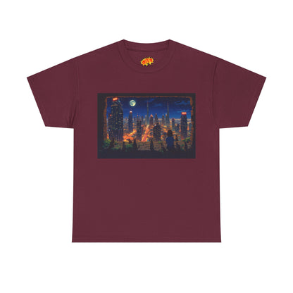 Neon Anime Cityscape Full Moon w/Girl & Cats T-Shirt
