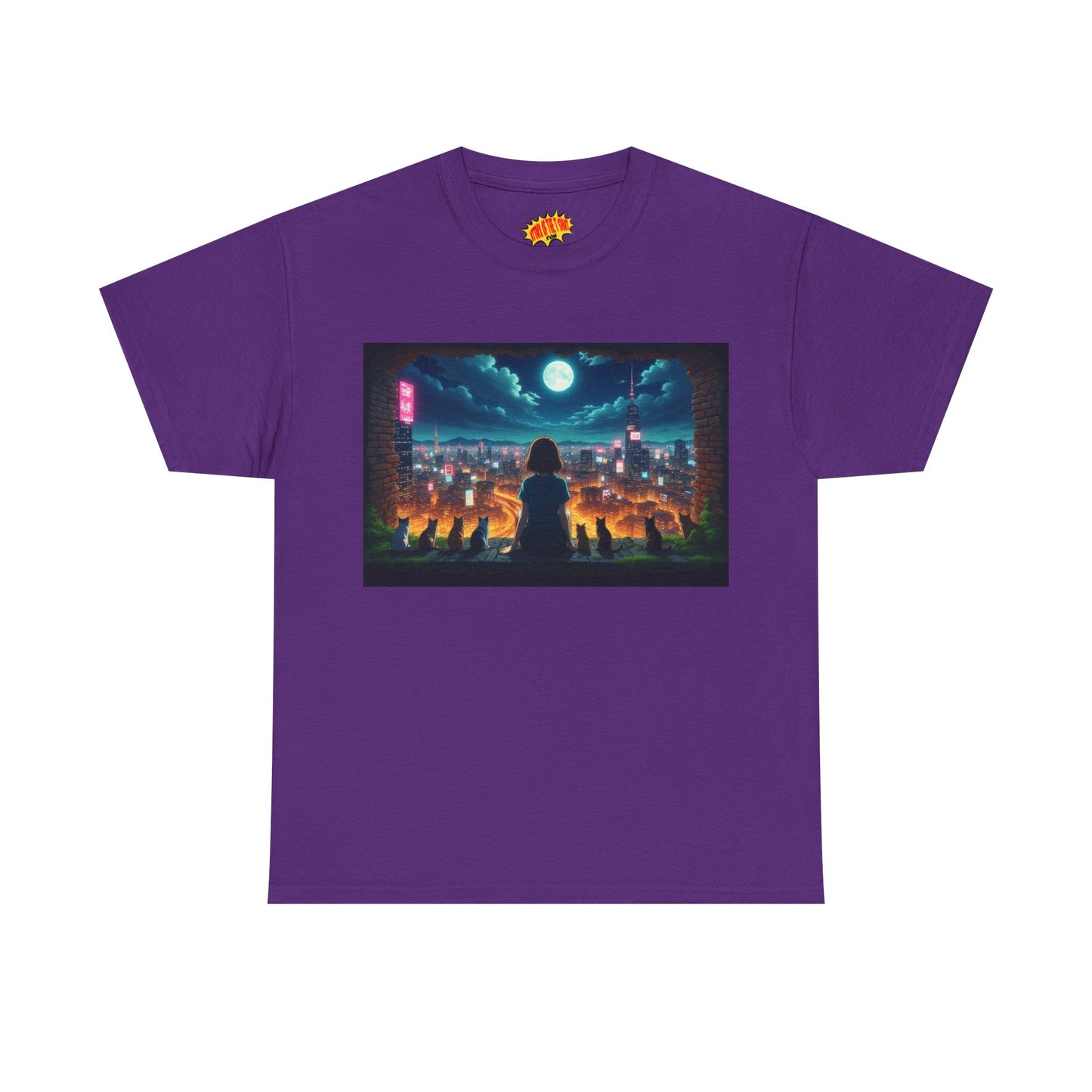 Anime Neon City Night Scene w/Girl & Cats T-Shirt *Multiple Colors*