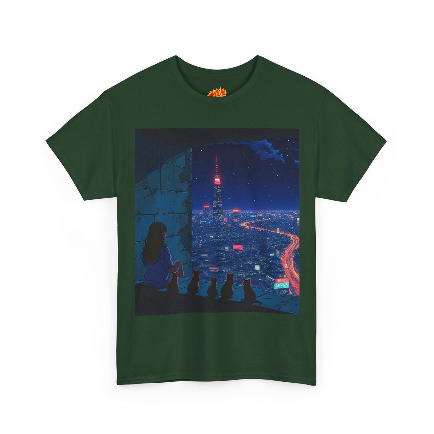 Anime Cityscape Night Scene w/Girl & Cats T-Shirt *Multiple Colors*