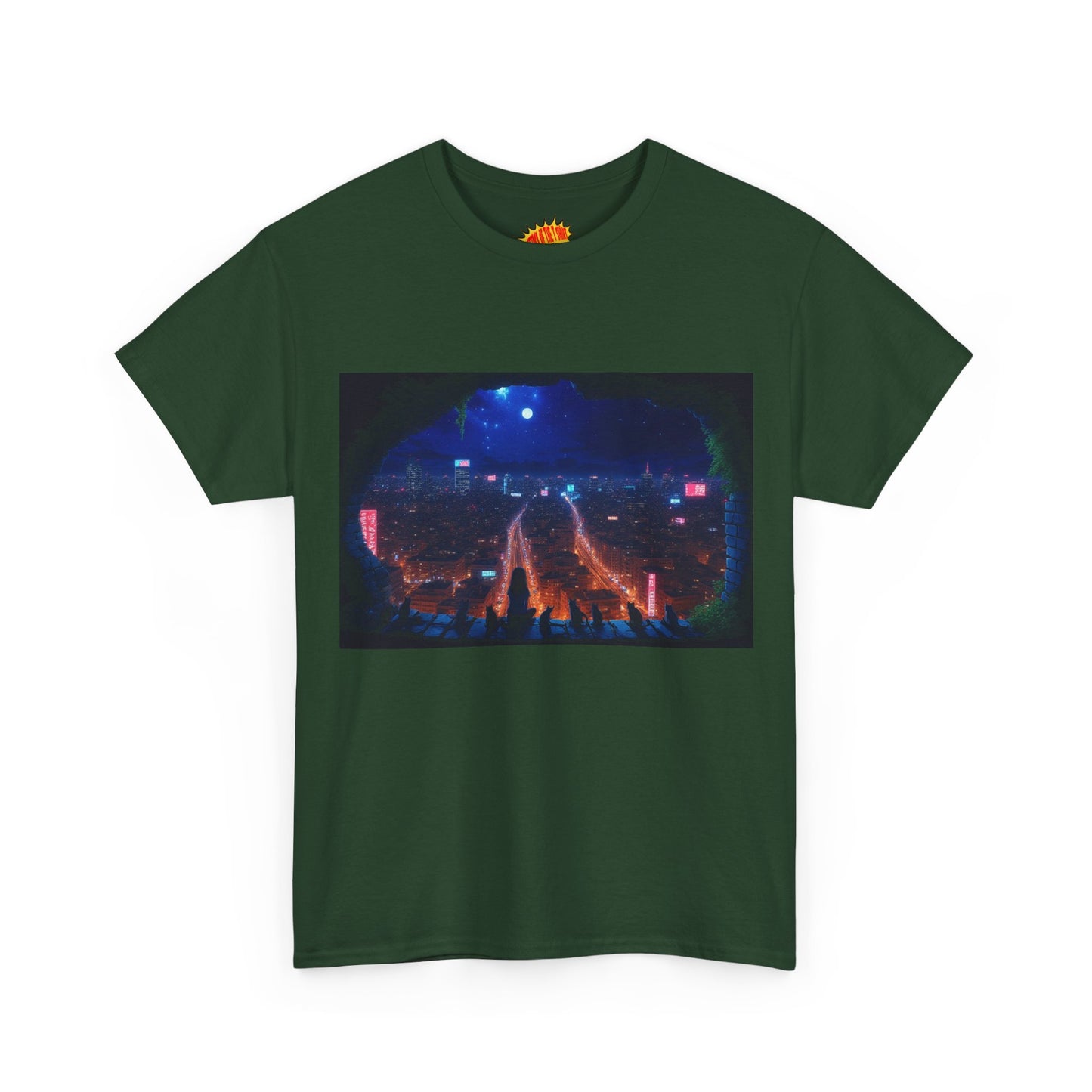 Anime Cityscape Double Moon Scene w/Girl & Cats T-Shirt *Multiple Colors*