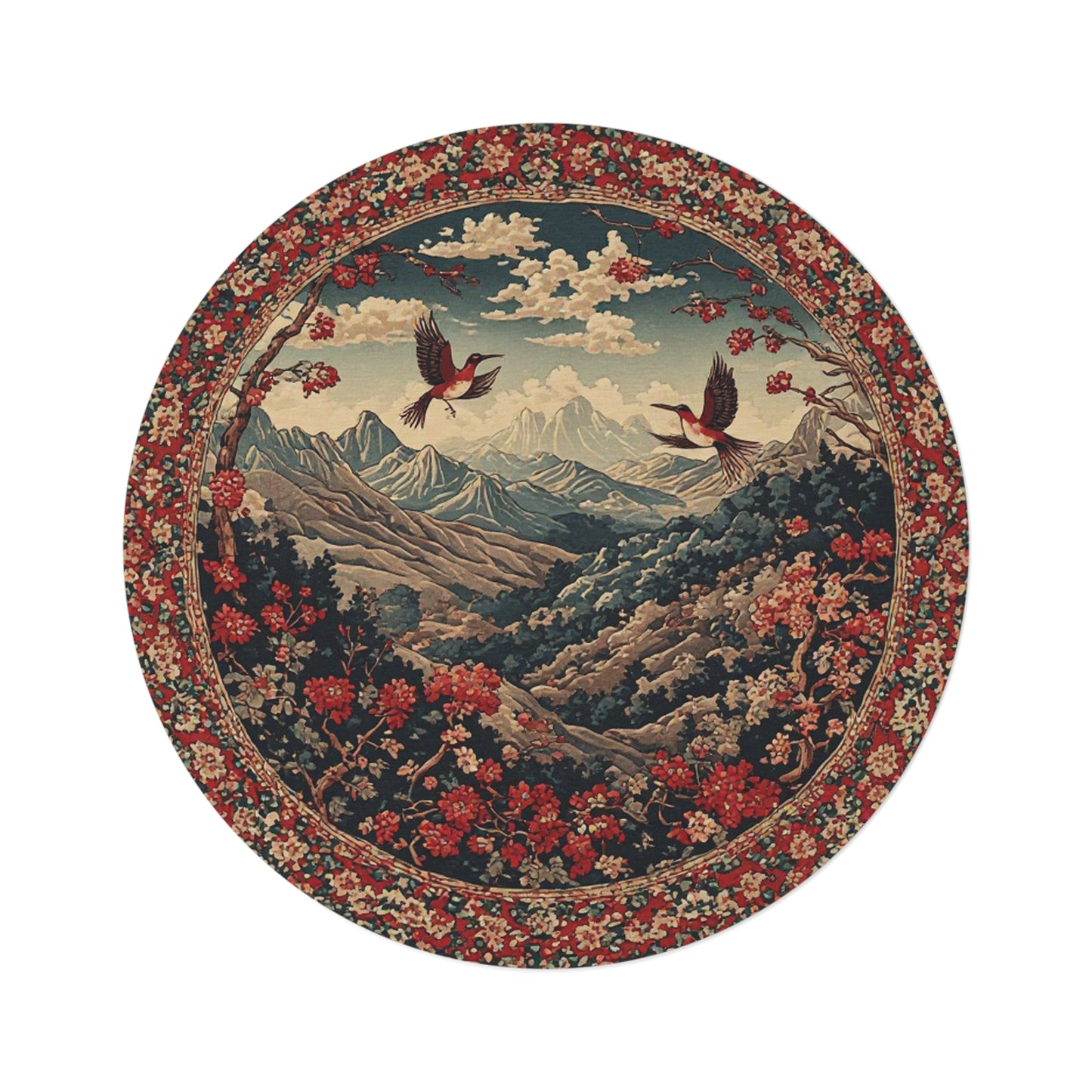 Oriental Style w/Birds + Flowers Rug - 60in Diameter Round Carpet 3