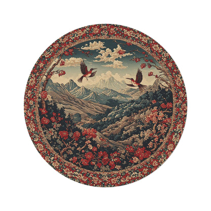 Oriental Style w/Birds + Flowers Rug - 60in Diameter Round Carpet 3