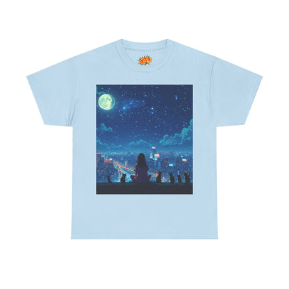 Anime Full Moon City Scene w/Girl & Cats T-Shirt